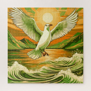 Puzzle Un oiseau vibrant au-dessus d'un océan turbulent