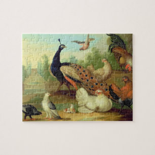 Puzzle Un paon, colombes, poulets et un geai en parc
