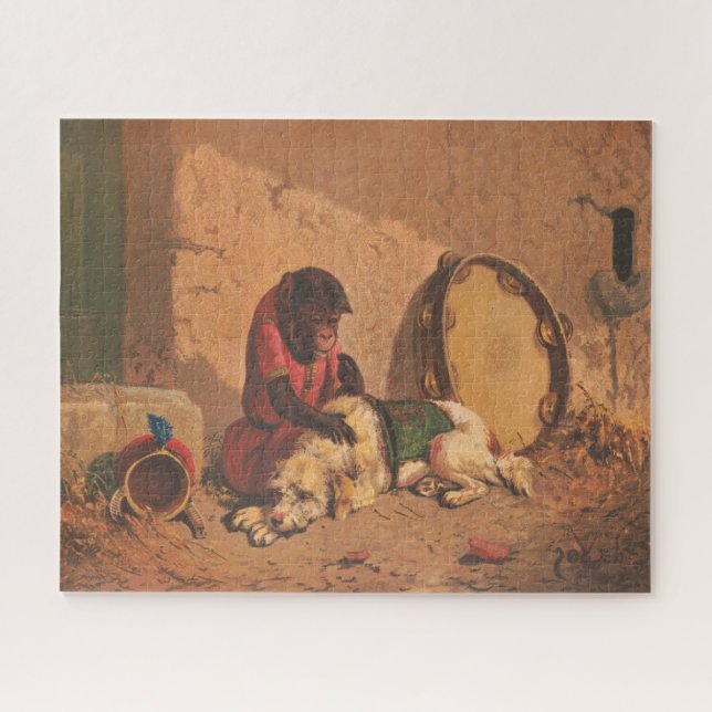 Puzzle Un Singe Et Un Chien Avec Un Grand Tambourin (Horizontal)