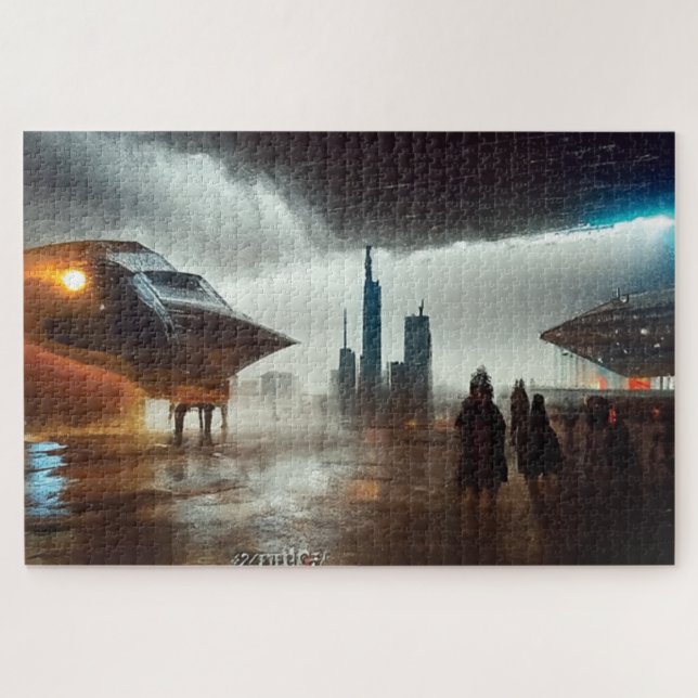 Puzzle Un vaisseau spatial dans la ville futuriste Jigsaw (Horizontal)