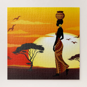 Puzzle Une belle femme africaine Silhouette sur les solei