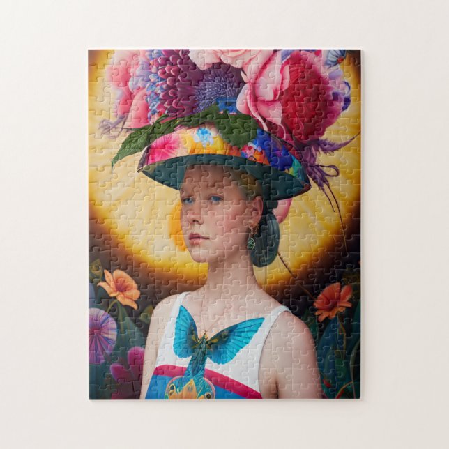 Puzzle Une dame avec un casquette solaire à fleurs (Vertical)