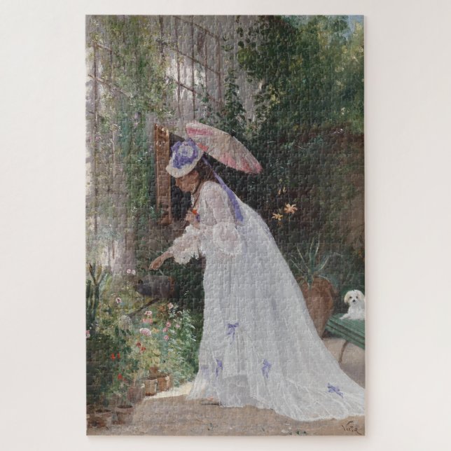 Puzzle Une dame dans un jardin qui soigne ses fleurs avec (Vertical)