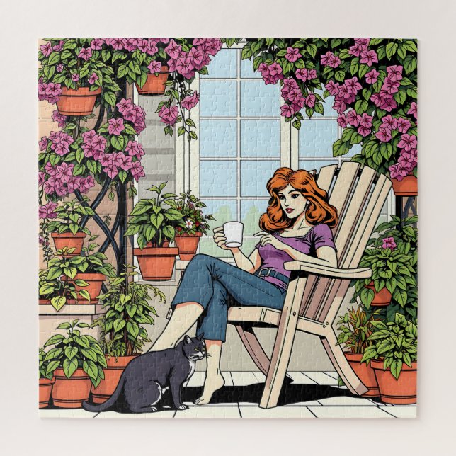 Puzzle Une femme avec café, chat et Plante (Vertical)