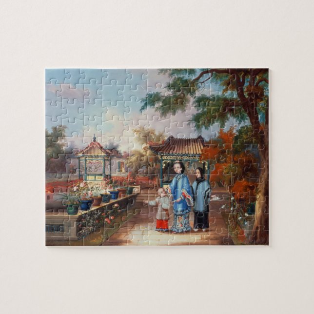 Puzzle Une mère avec ses enfants dans un jardin chinois, (Horizontal)