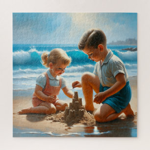 Puzzle Une petite fille et un garçon Bâtir un château de