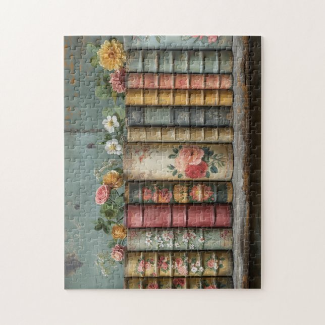 Puzzle Une rangée d'anciens livres aux fleurs embellies (Vertical)