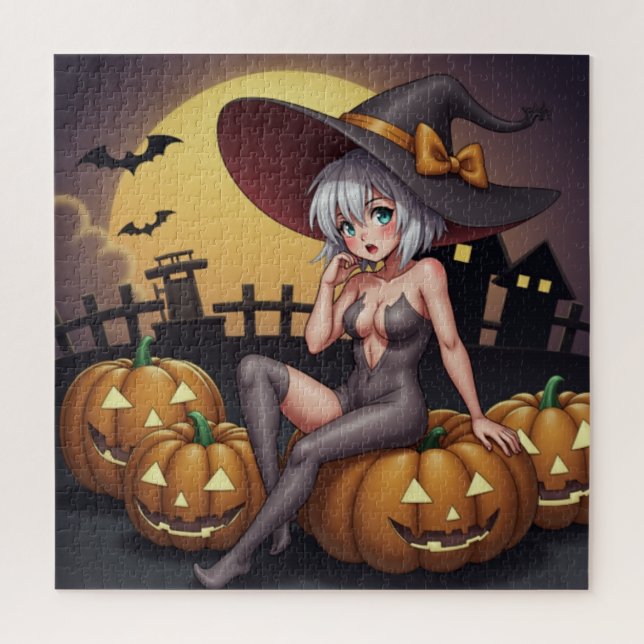 Puzzle Une sorcière d'Halloween aux yeux verts sur Jack-O (Vertical)