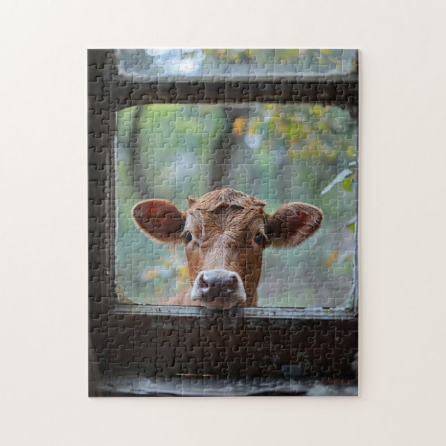 Puzzle Une vache curieuse qui regarde à travers une fenêt (Vertical)