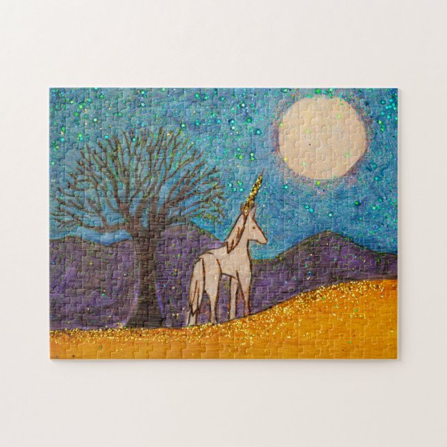 Puzzle Unicorne avec un chêne regardant la lune (Horizontal)