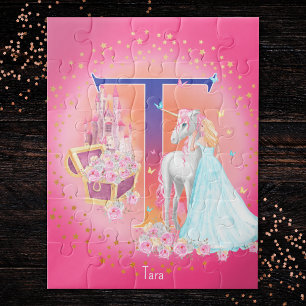 Puzzle Unicorne et princesse avec lettre de château T Mon