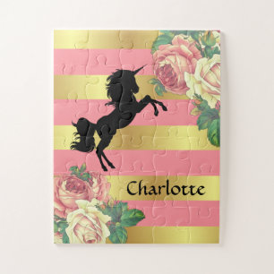 Puzzle Unicorne florale rose et or avec nom