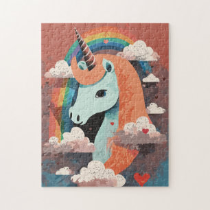 Puzzle Unicorne sous arc-en-ciel et parmi les coeurs