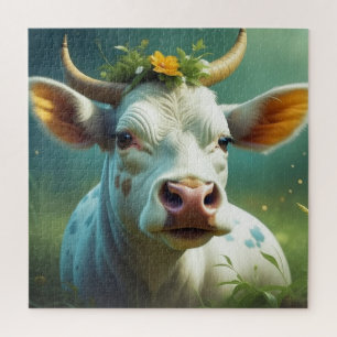 Puzzle Vache Ai blanche mignonne avec cornes et fleurs