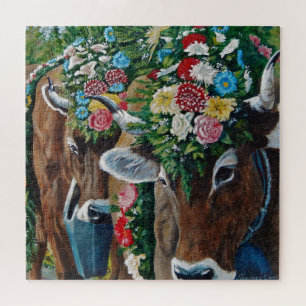 Puzzle Vache au lait suisse Brown avec fleurs/Oktoberfest
