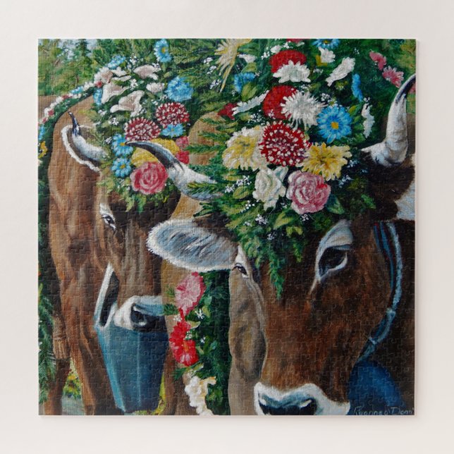 Puzzle Vache au lait suisse Brown avec fleurs/Oktoberfest (Horizontal)