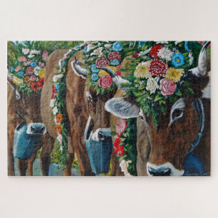Puzzle Vache au lait suisse Brown avec fleurs/Oktoberfest