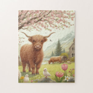 Puzzle Vache des hautes terres mignonne, florale/printani