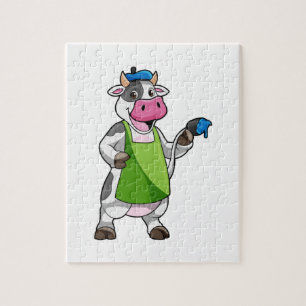 Puzzle Vache en peintre avec peinture et tablier