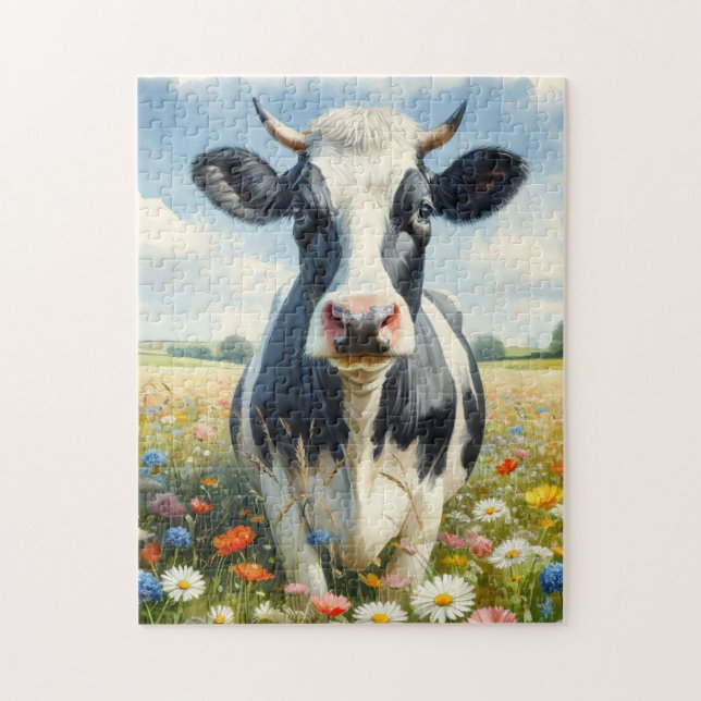 Puzzle Vache laitière fleur sauvage Holstein (Vertical)