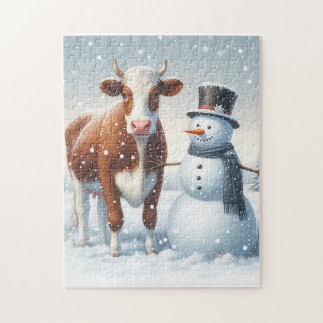 Puzzle Vache mignonne et bonhomme de neige dans le champ  (Vertical)