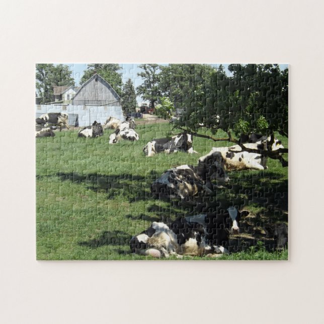 Puzzle Vaches pâles assis sous un arbre sur une ferme (Horizontal)