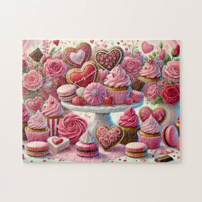 Puzzle Valentine Dessert Heart Cookies & Cupcakes Table (Horizontal)