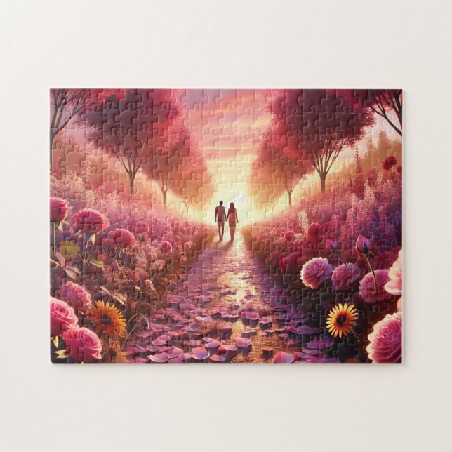 Puzzle Valentine's Sunset Flower Path Romantic Couple (Horizontal)
