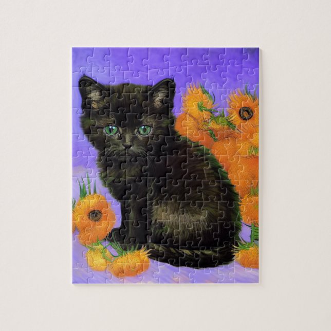 Puzzle Van Gogh Kitten noir avec des tournesols (Vertical)