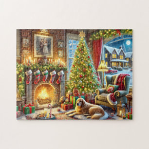 Puzzle Veille de Noël Golden Retriever Cheminée Cosy
