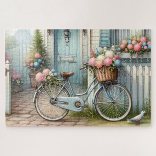 Puzzle Vélo de chalet bleu avec panier à fleurs de printe
