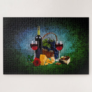 Puzzle Verres de vin, bouteille, raisin, fromage, chocola
