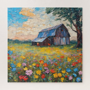 Puzzle Vieille Grange Dans Le Champ Fleur sauvage