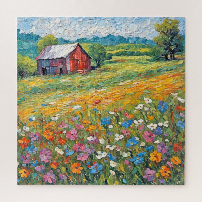 Puzzle Vieille Grange Dans Le Champ Fleur sauvage (Vertical)