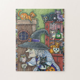 PUZZLE VIEILLE WITCH HAPPY HOME, BEAUCOUP DE CHATS & OWL 