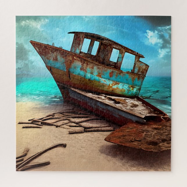 Puzzle Vieux bateau rouillé déserté sur une plage de sabl (Vertical)
