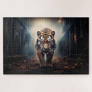 Puzzle Vieux tigre noir et orange dans une forêt surréali