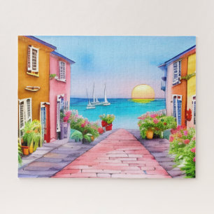 Puzzle Village côtier au coucher du soleil aquarelle