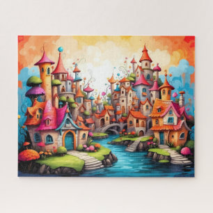 Puzzle Village de conte de fées fantaisiste au bord de la