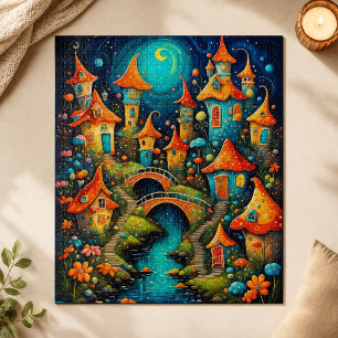 Puzzle Village de conte de fées fantaisiste au bord d'un 