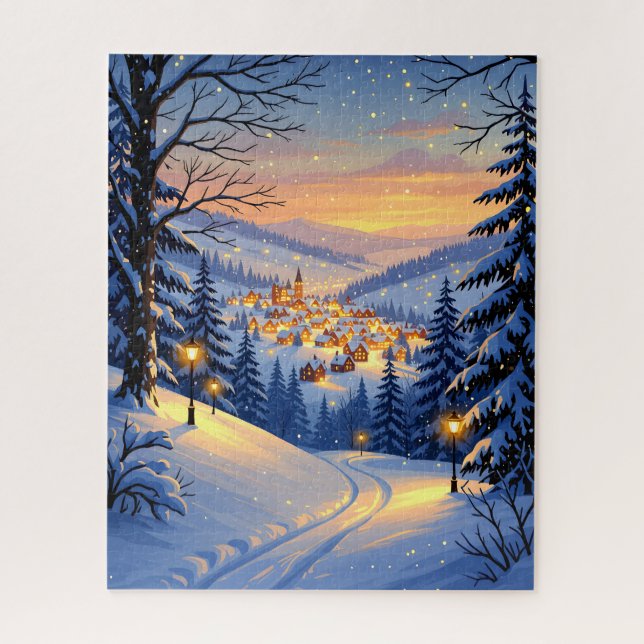 Puzzle Village de neige au coucher du soleil avec lampes  (Vertical)