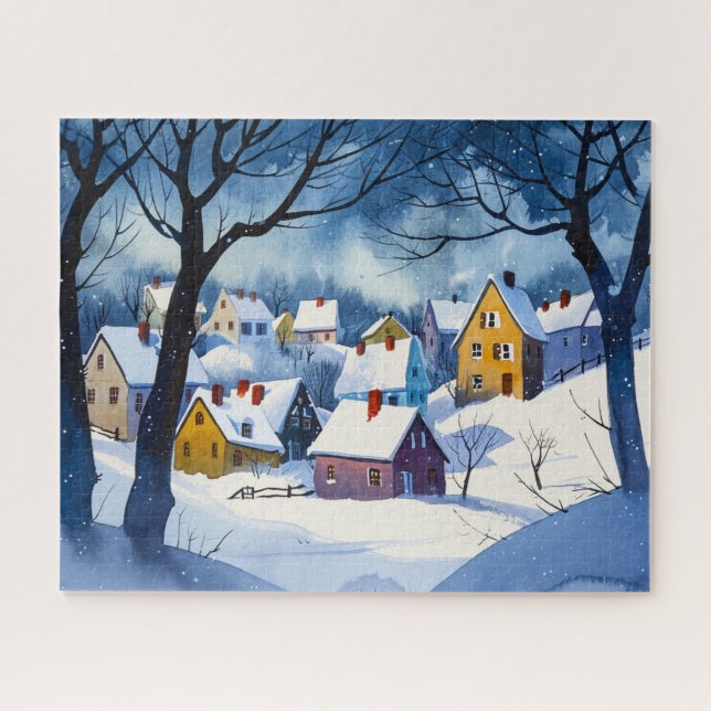 Puzzle Village de neige endormi - Aquarelle (Horizontal)