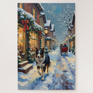 Puzzle Village de Noël enneigé vintage avec Border Collie