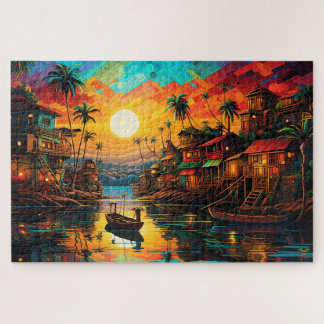 Puzzle 🌅 village de pêcheurs Amazonie coucher de soleil