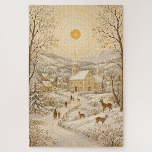 Puzzle Village d'hiver doré Église Paysage