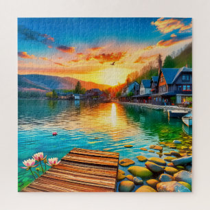 Puzzle Village époustouflant au bord du lac au coucher du