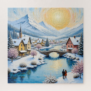 Puzzle Village hivernal enneigé sous un soleil doré