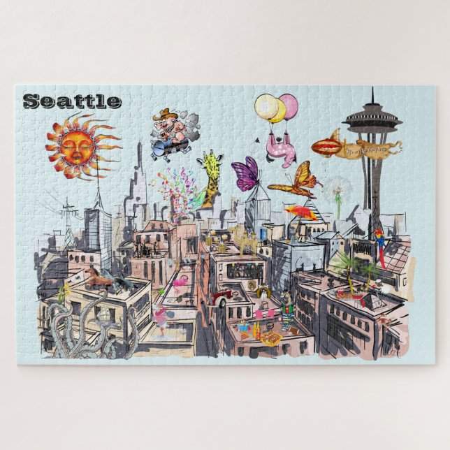 Puzzle Ville de Seattle Surreal Pop Art occupé (Horizontal)