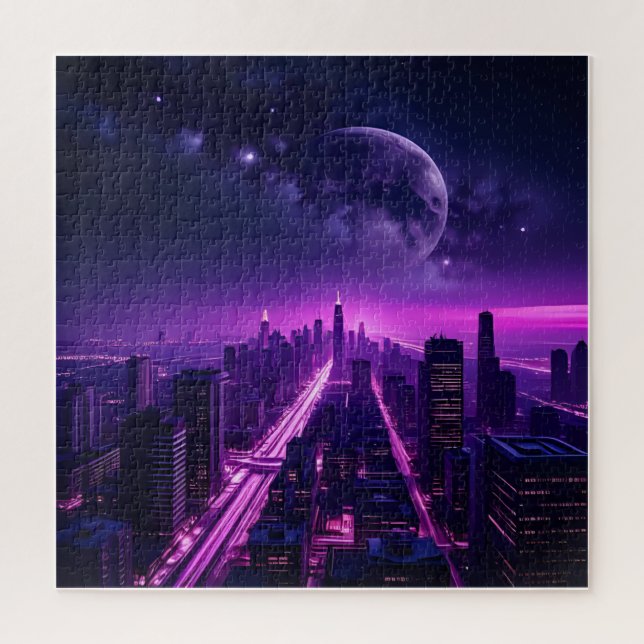 Puzzle Ville futuriste de Cyberpunk la nuit - Neon Purple (Vertical)