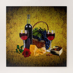 Puzzle Vin romantique, bouteille, fromage, raisin, or